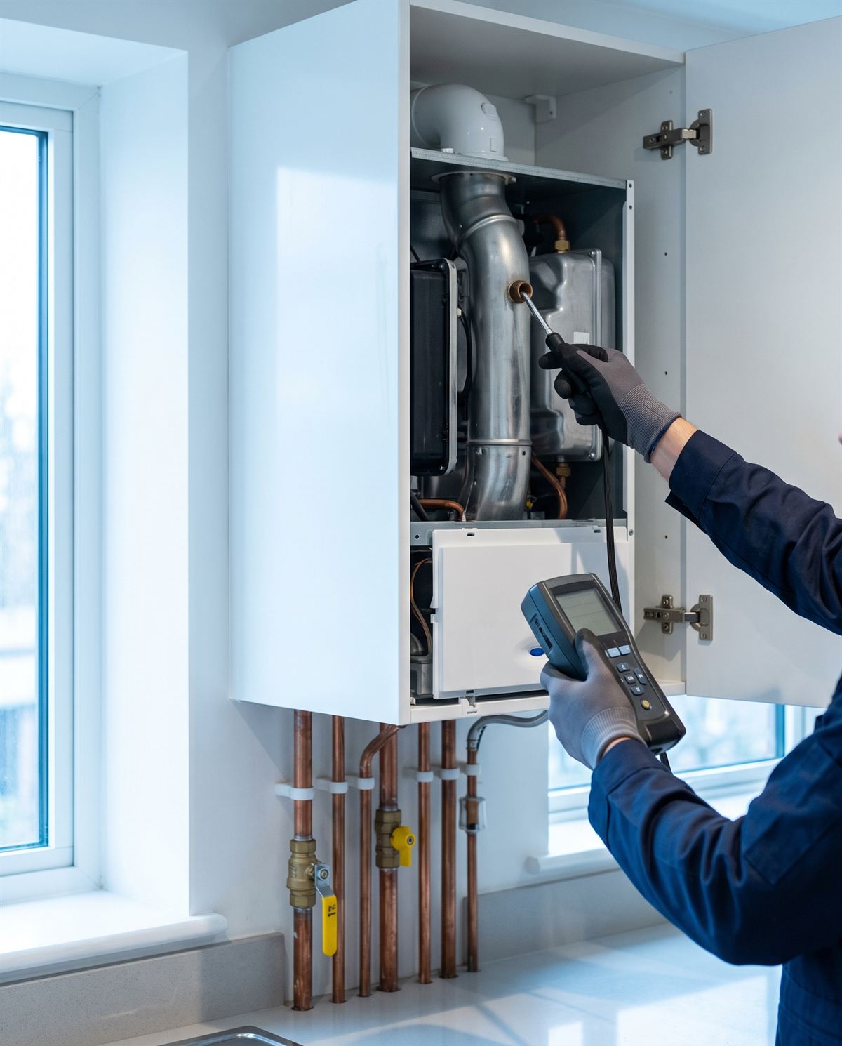 An engineer testing a combi boiler's flue with a gas analyser
